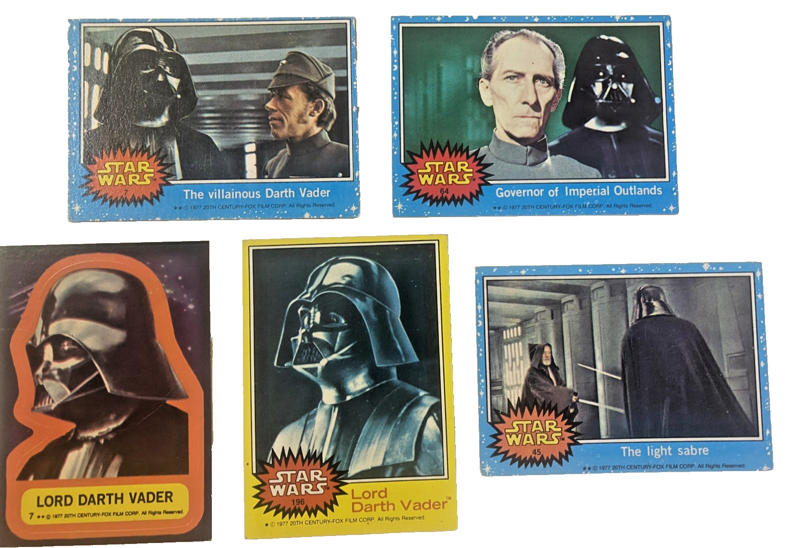 VTG STAR WARS DARTH VADER CARDS YELLOW BORDER #196, #7 STICKER, 1977 BLUE LOT