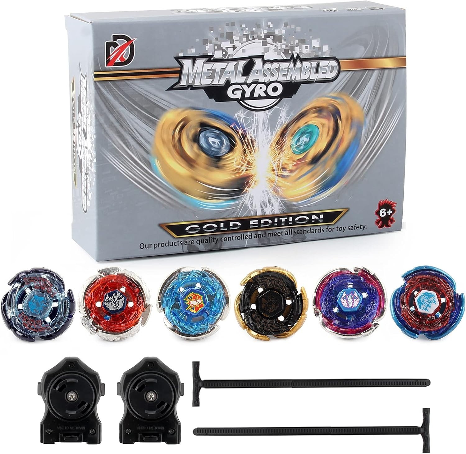 Gyros 6-Pack Battle Tops Metal Fusion Set with Launchers & Stickers for Kids 6+