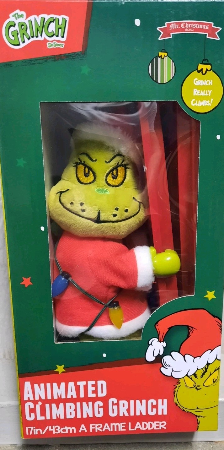 Grinch Tabletop Climber 17&Prime; Ladder Animated Climbing Christmas Lights Musical