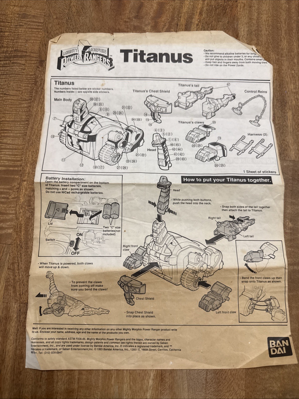 VTG 1993 Mighty Morphin Power Rangers Titanus Carrier Zord Instructions Only