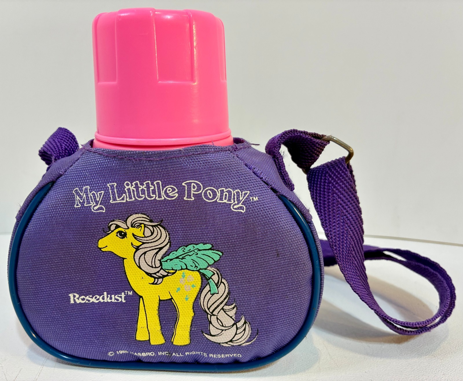 1985 MY LITTLE PONY CANTEEN ROSEDUST Adjustable Strap Purple Pink Water Bottle