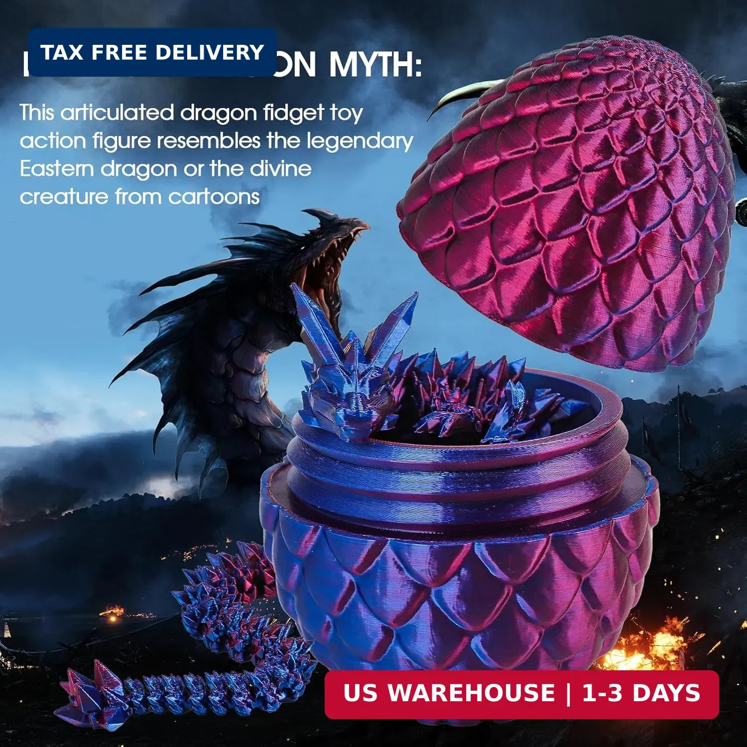 3D Printed Dragon Egg with Dragon Inside,12 Inch 3D Printed Dragon Egg Fidget To