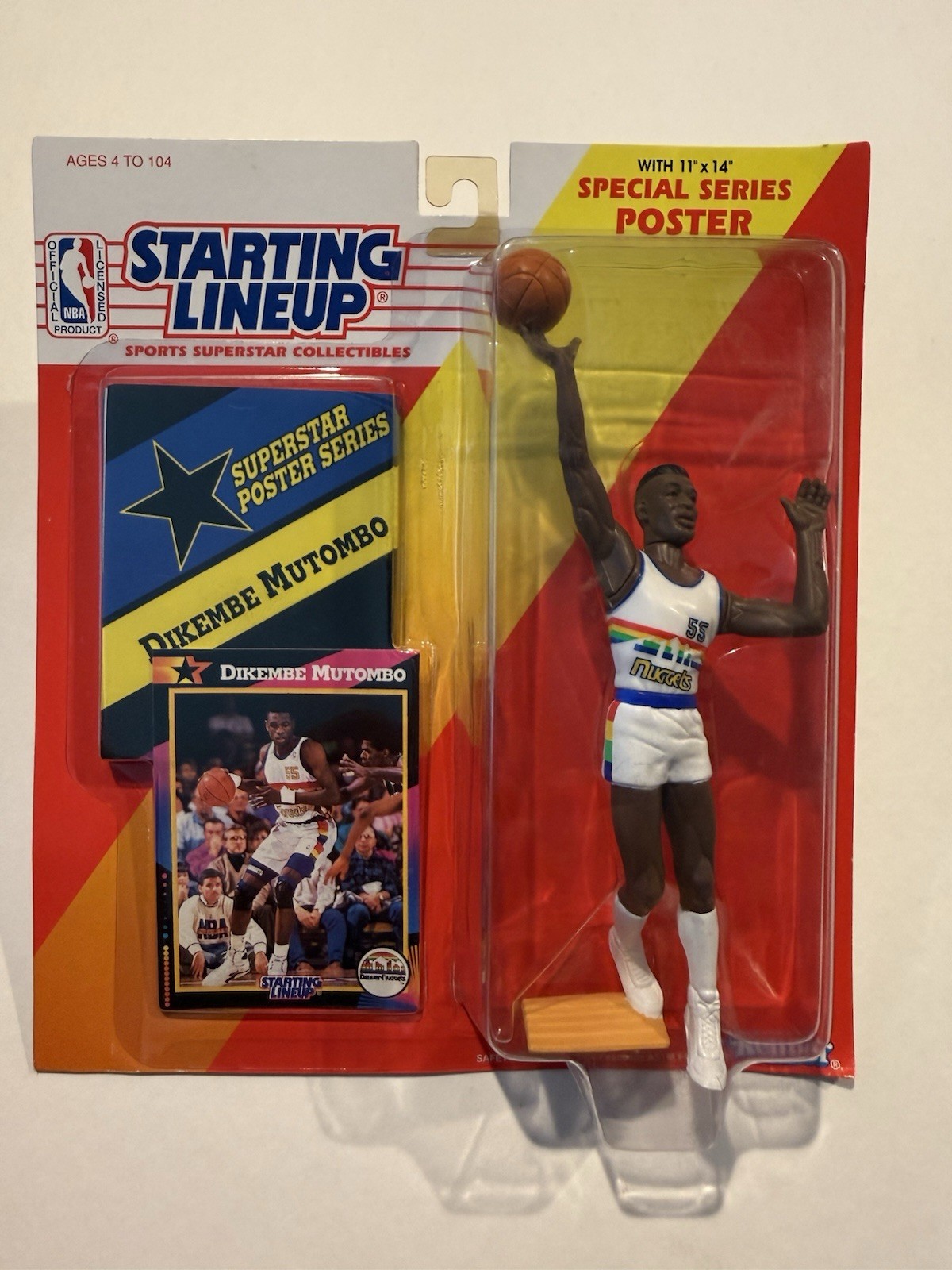 💥🏀 1992 DIKEMBE MUTOMBO Starting Lineup, Denver Nuggets, Card & Poster 🏀💥