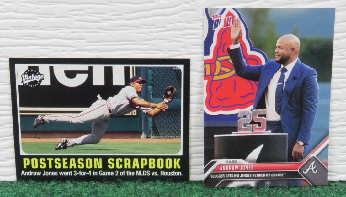 ANDRUW JONES – 2004 McFarlane figure + 2 cards 2002 & 2023 & frame pic. – Braves