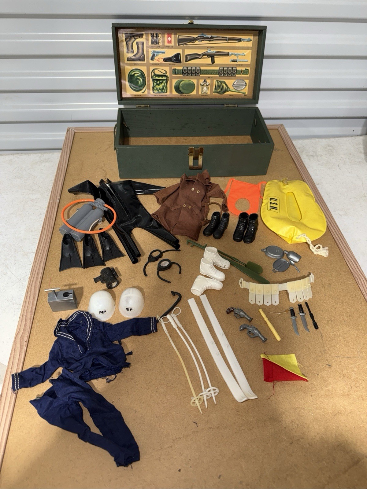 1960s GI Joe 43 Pc. Accessory Lot + Green Footlocker Storage Trunk Handles