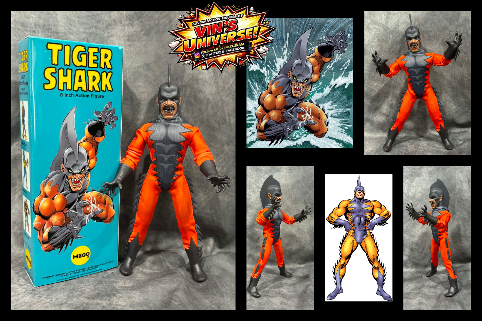 Custom 8&Prime; Mego Scale Namor Sub-mariner Todd Arliss Tiger Shark! Action Figure