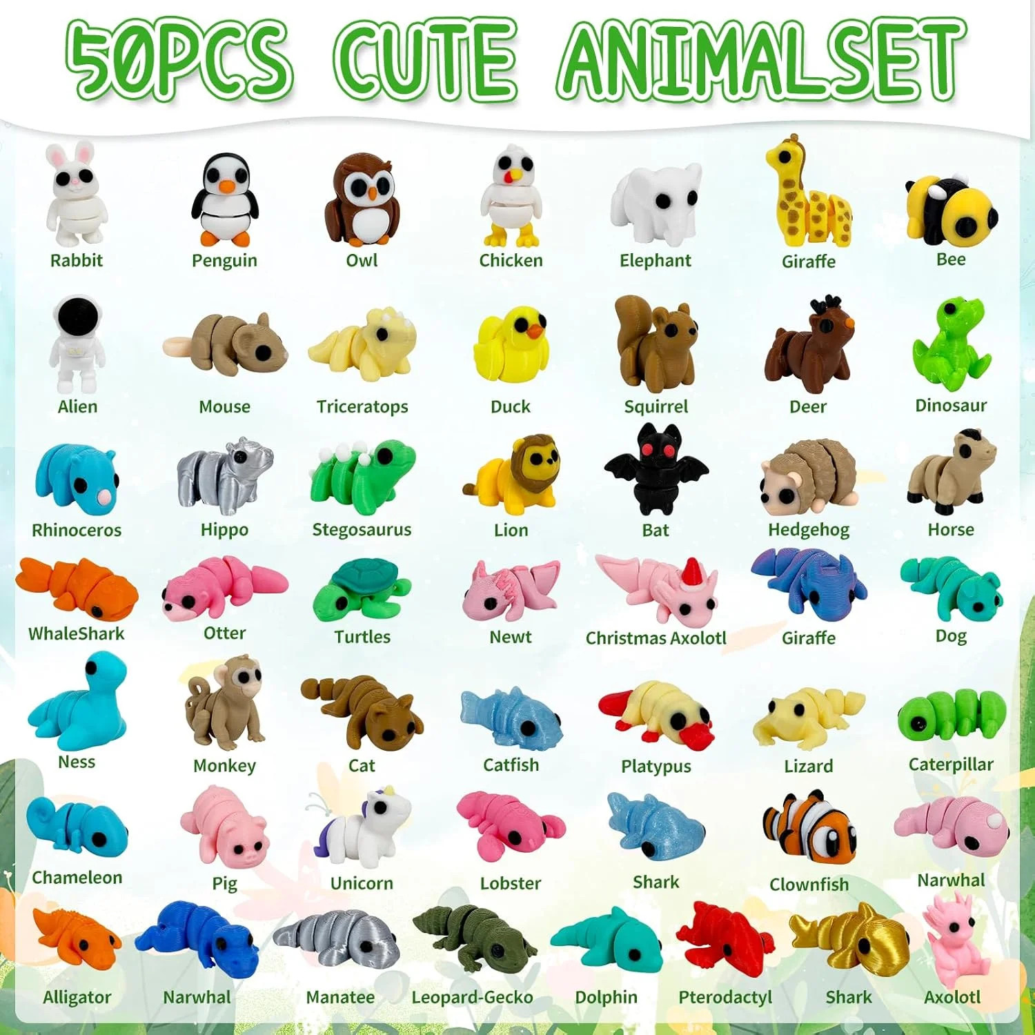 50pcs 3D Printed Articulated & Static Mini Animal Figures – Flexible & Decorativ