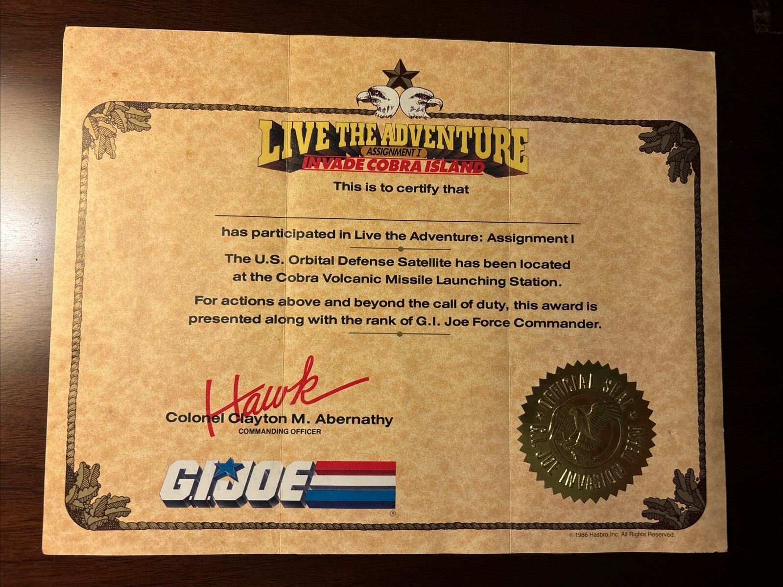 Vintage GI Joe 1986 Live the Adventure Invade Cobra Island Certificate -C726