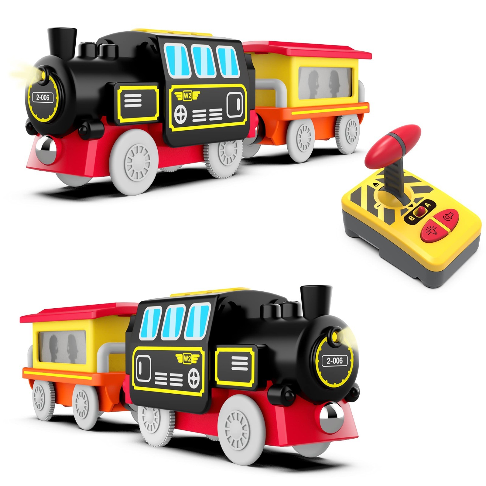 Motorized Remote Control Train Set for Wooden Tracks, Battery Operated Locomotiv