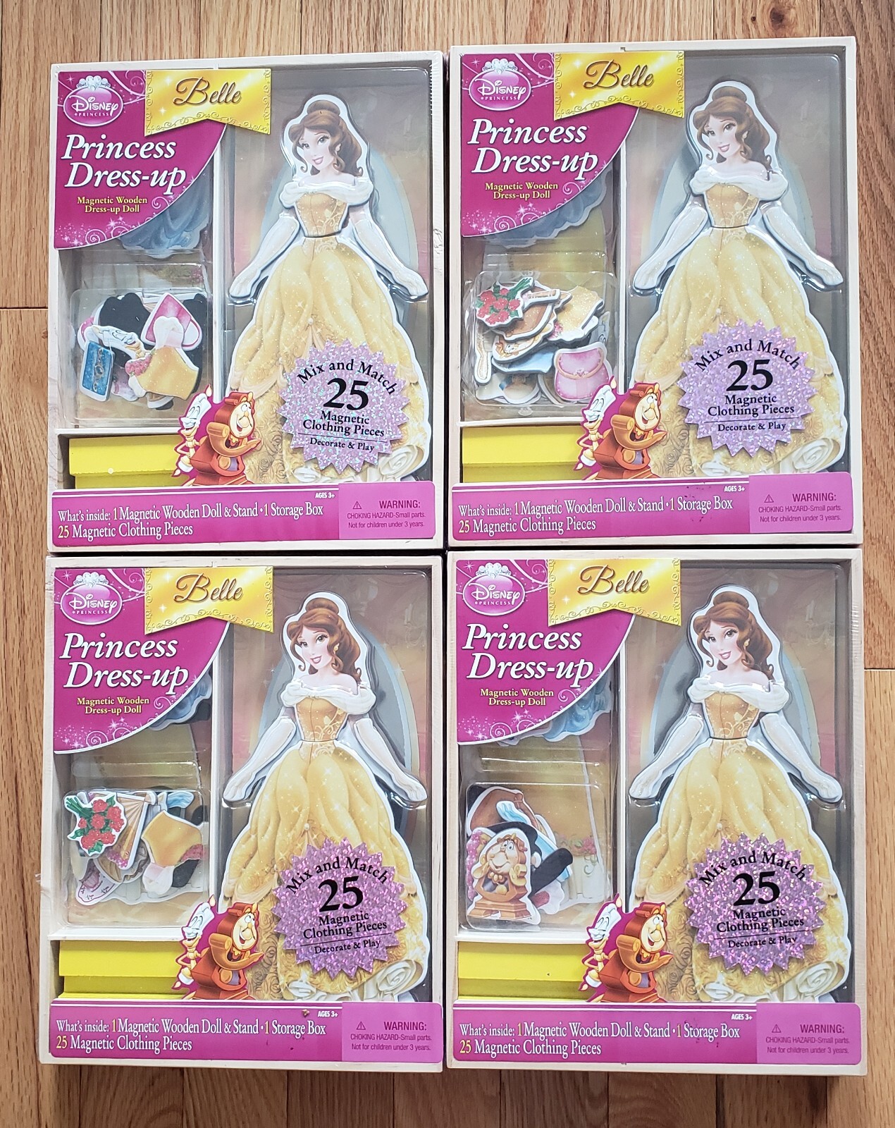 4 DISNEY PRINCESS BELLE LOT Magnetic Dress Up Wooden Doll Mix Match Sealed NIB