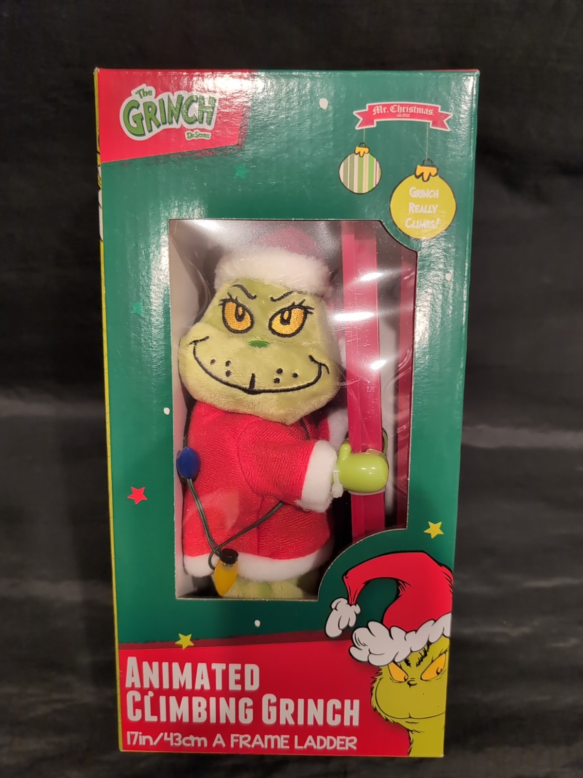 Grinch Tabletop Climber 17&Prime; Ladder Animated Climbing Christmas Lights Musical