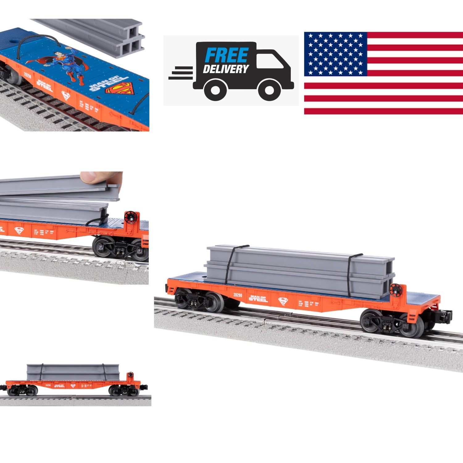 Superman O Gauge Flatcar Model Train with Removable Steel Beams for Collectors