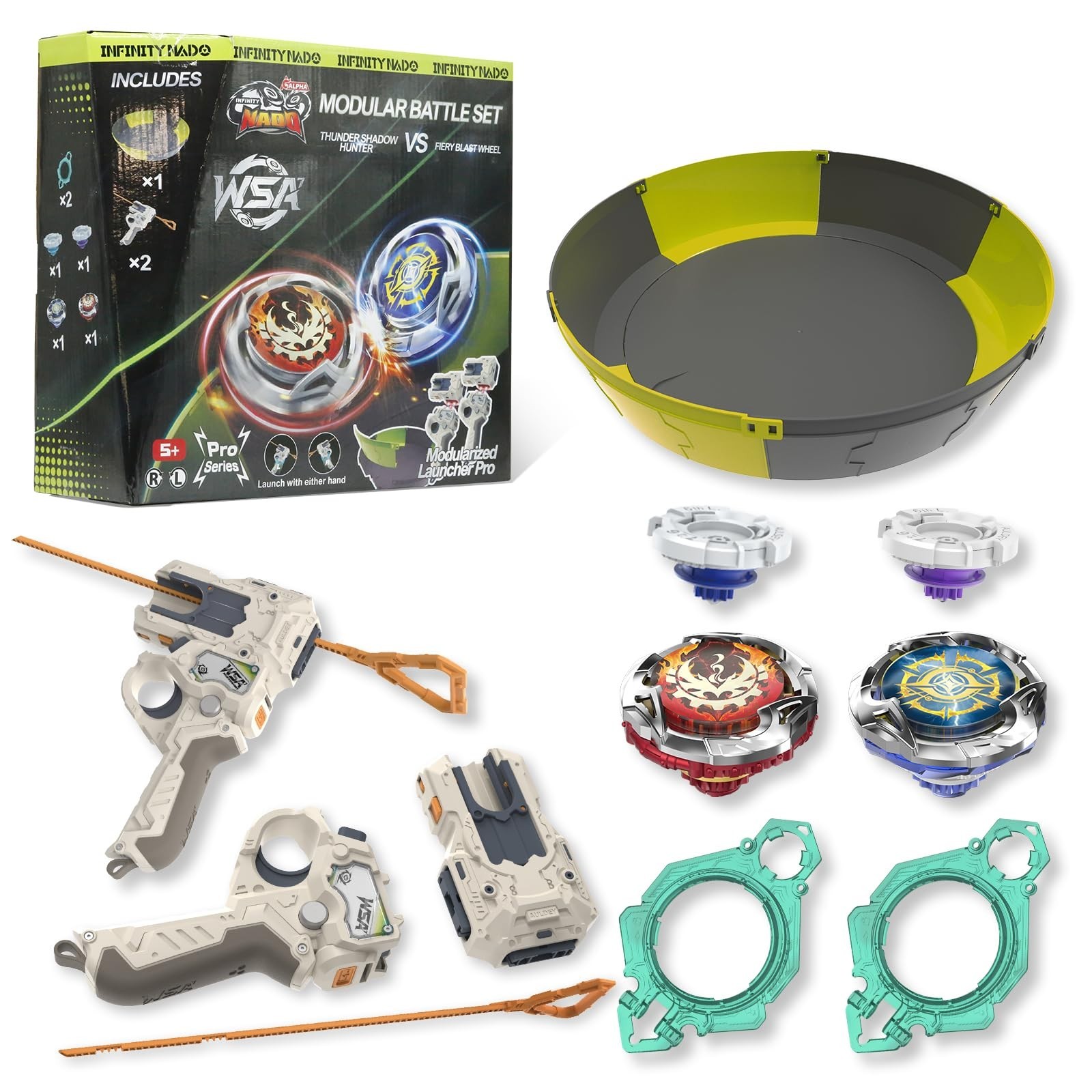 Battle Arena Set with 2 Modular Launchers, Metal Defense Tops, Right/Left Spin G