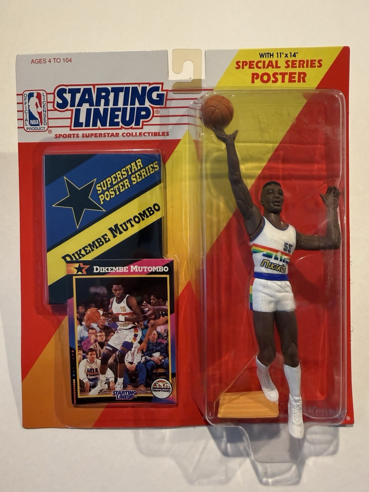 💥🏀 1992 DIKEMBE MUTOMBO Starting Lineup, Denver Nuggets, Card & Poster 🏀💥