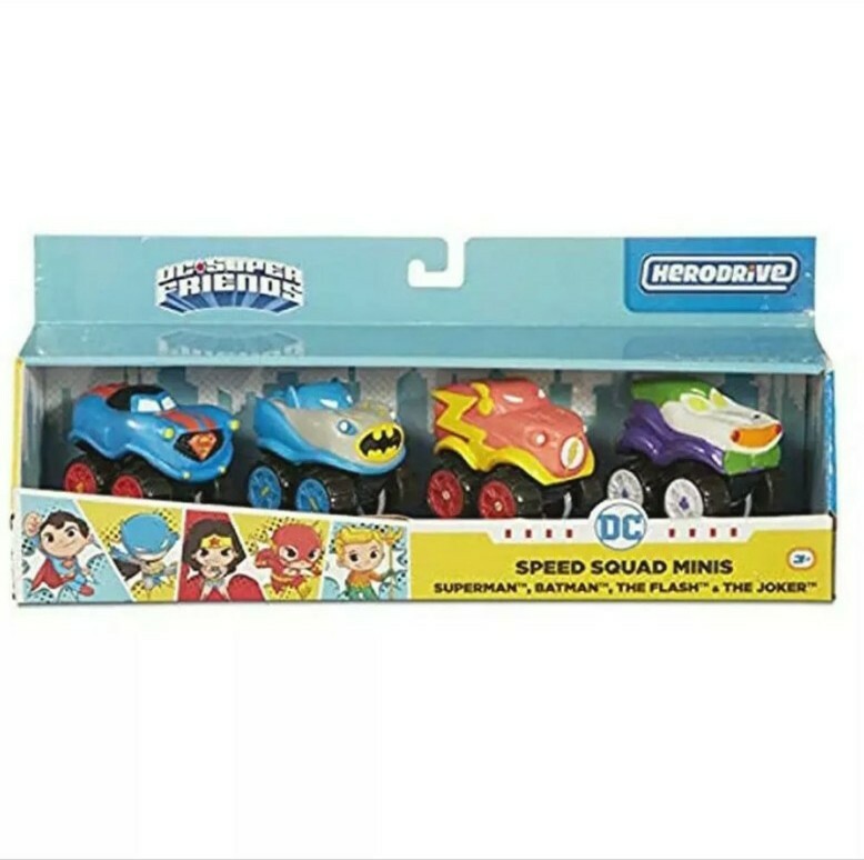 DC Super Friends HeroDrive Speed Squad Mini Cars 4pk Superman Batman Joker Flash