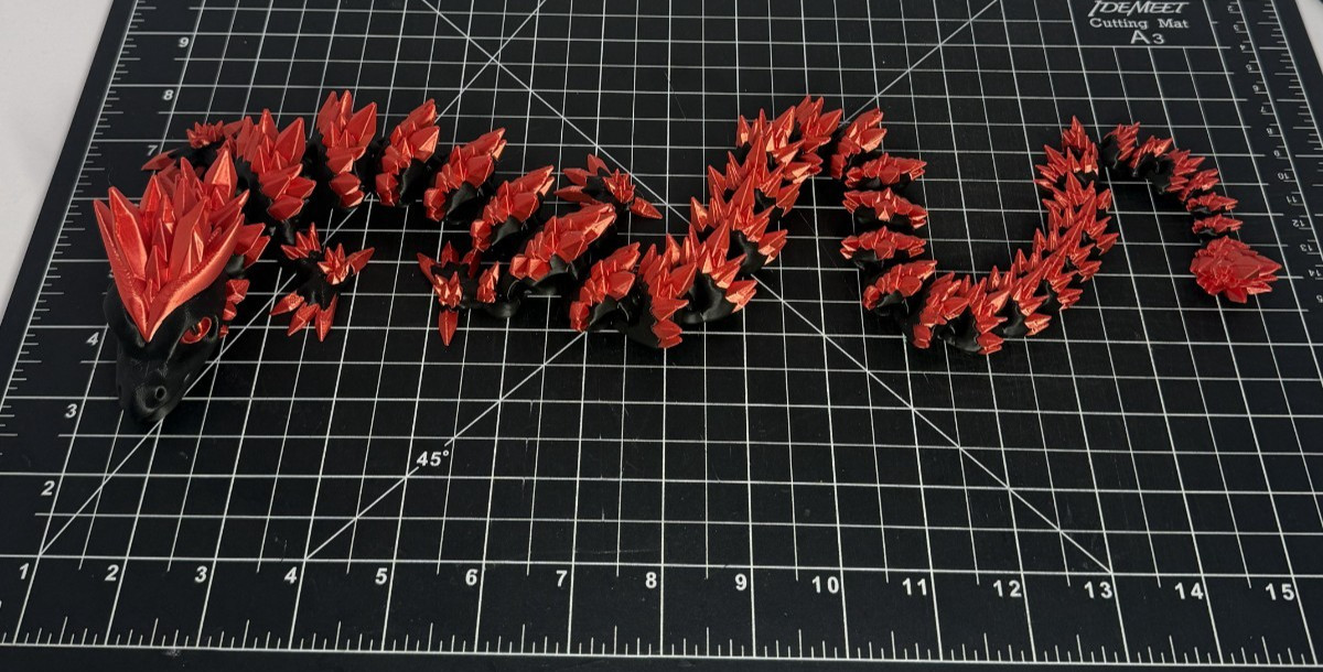 3D Printed Crystal Dragon -PLA- Black and Red – 2 Ft Long – Articulated dragon