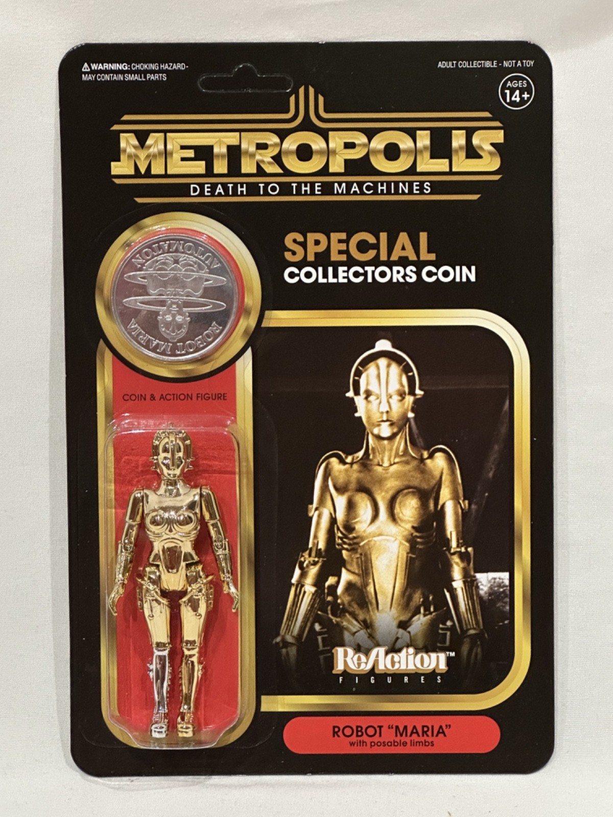 SDCC 2019 SUPER7 EXCLUSIVE Metropolis MARIA ROBOT 3.75&Prime; Gold Chrome ReAction MOC