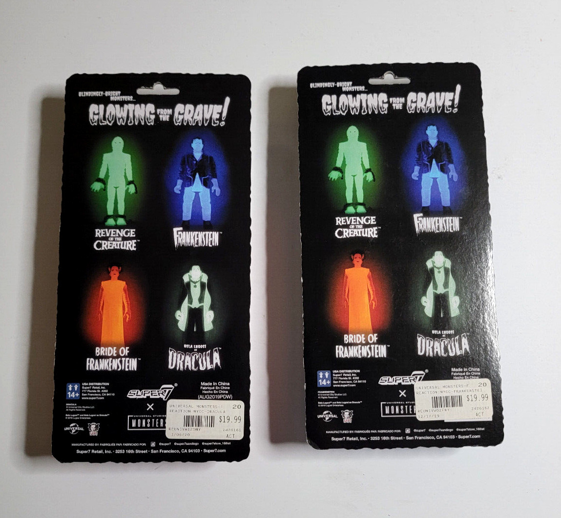 ReAction Universal Monsters Dracula, rankenstein Glow Super 7 Lot