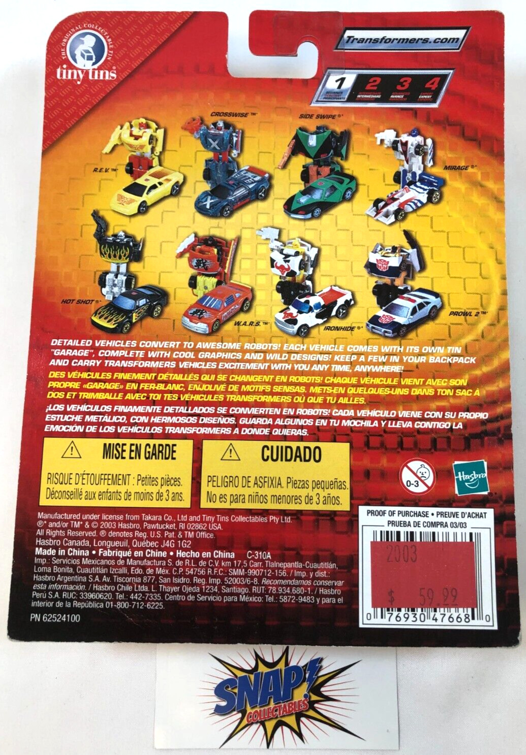 R.E.V. – Transformers – Tiny Tins- 2003 Hasbro (See Photos)