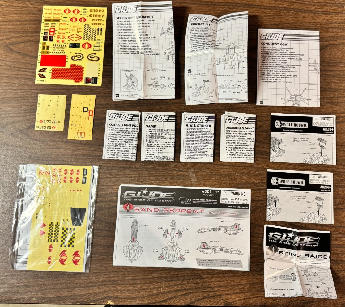Lot of Vintage Gi joe instructions, manuals, inserts, stickers, etc