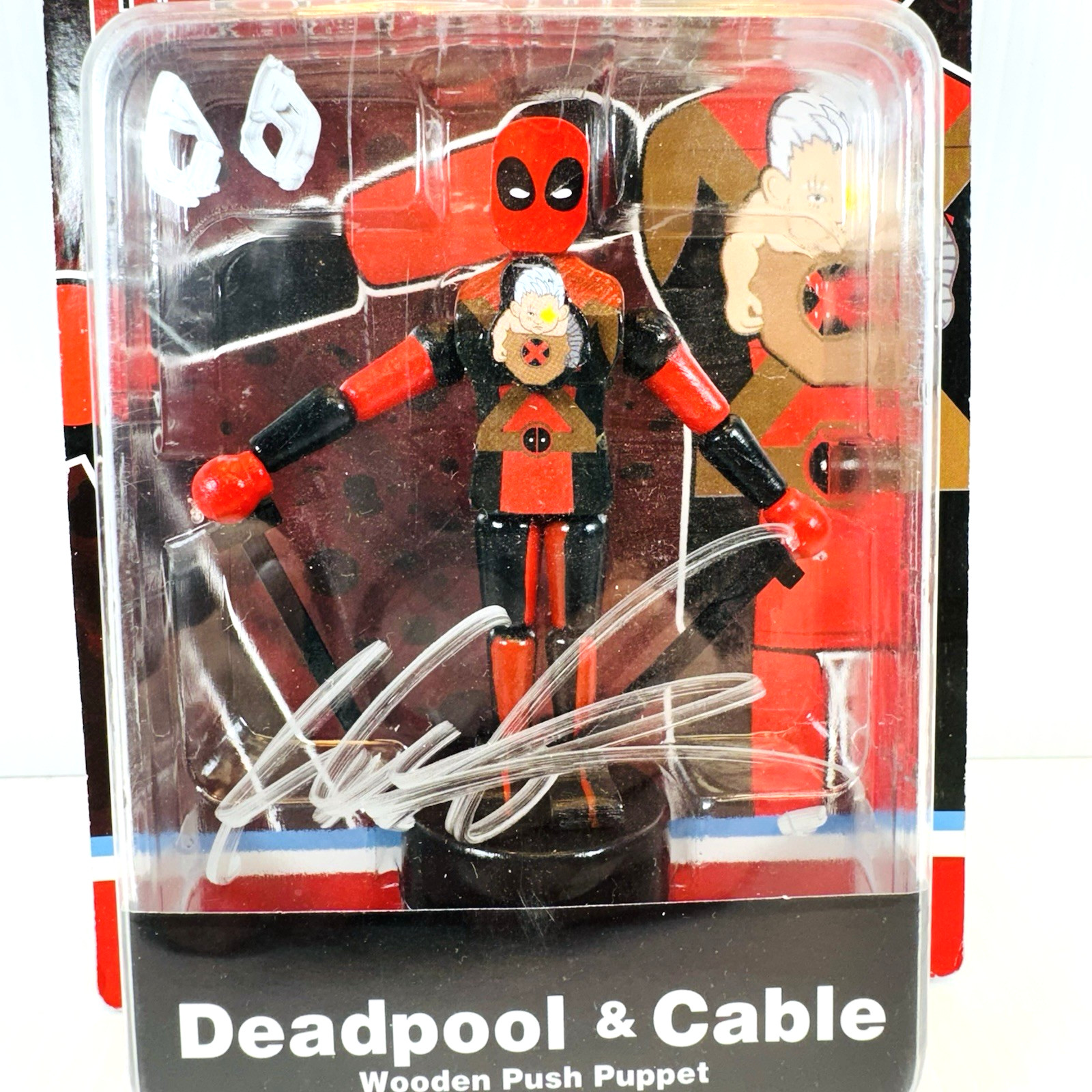 ROB LIEFELD Signed Deadpool & Cable Wooden Push Puppet 2018 SDCC Debut