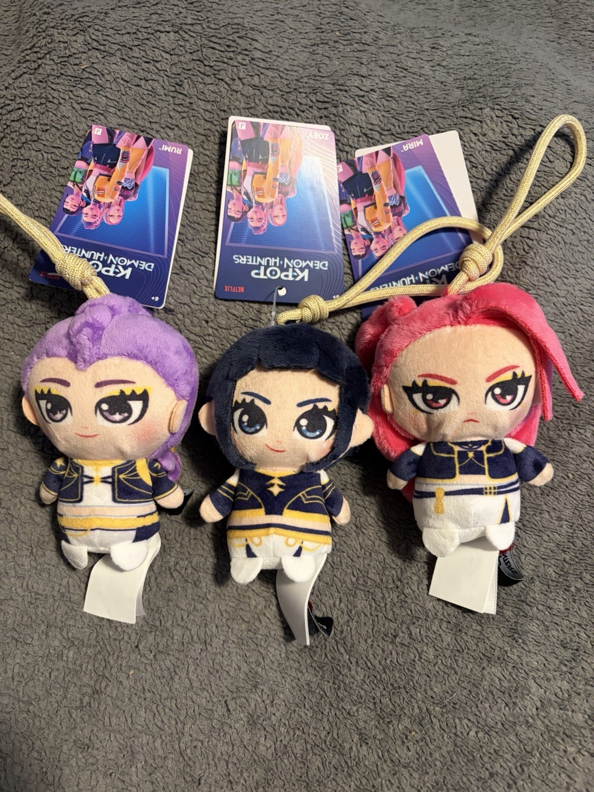 3 KPop Demon Hunters Plush 4” Bag Clips Rumi Mira & Zoey Complete Set Jazwares