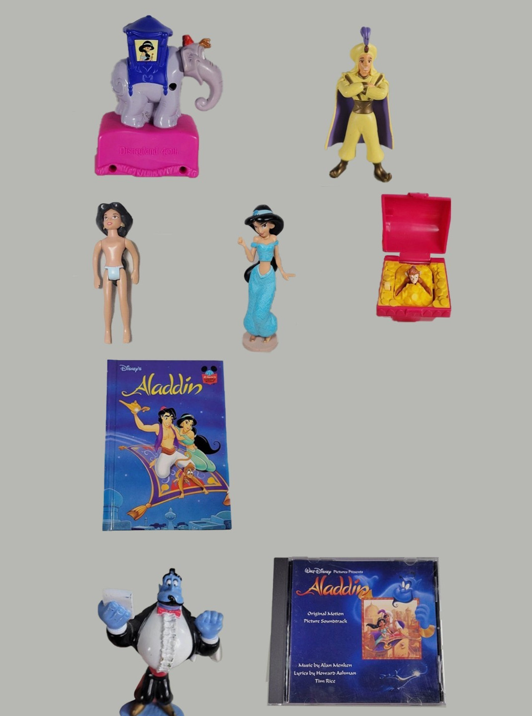 Aladdin Toy Lot – Abu Elephant, Prince Ali, Jasmine, Genie – Toys + Book + CD