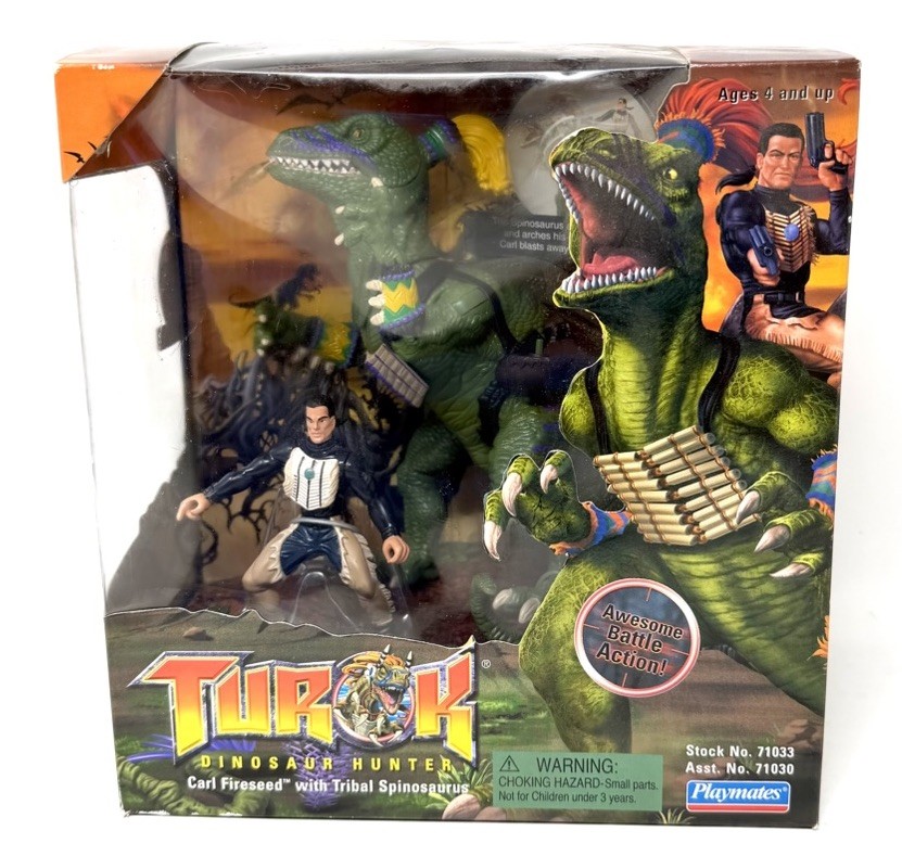 TUROK DINOSAUR HUNTER CARL FIRESEED W/ TRIBAL SPINOSAURUS NEW Playmates N64