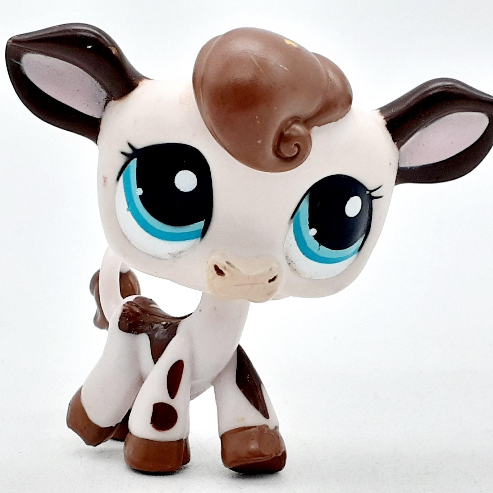 Littlest Pet Shop Cow Calf Mini Figure White Brown Blue Eyes Hasbro LPS Toy