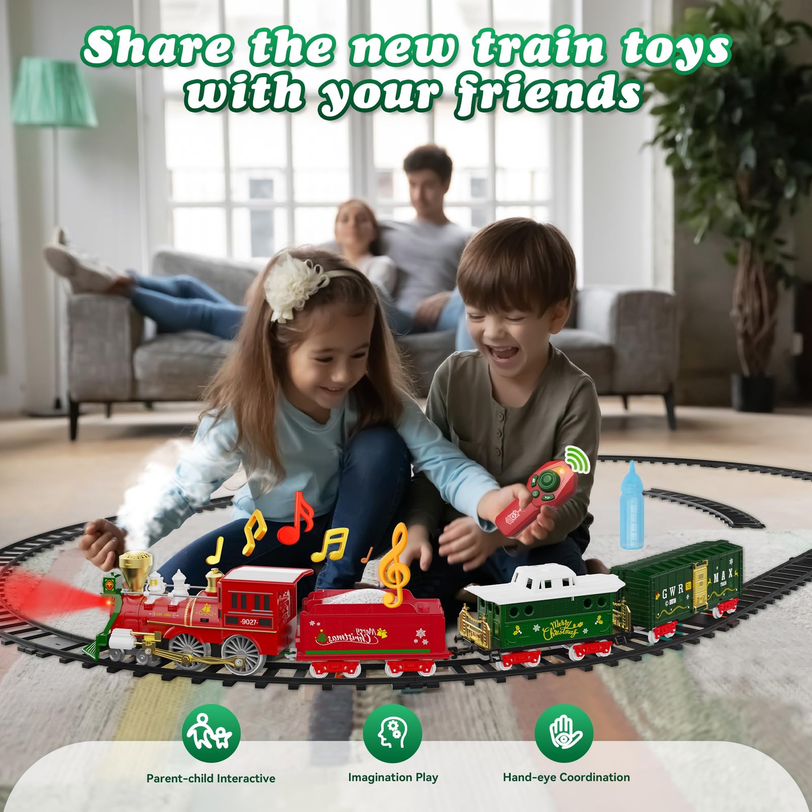 Hot Bee Christmas Train Set with Remote Control Train Toys w/Smoke, Lights & Sou