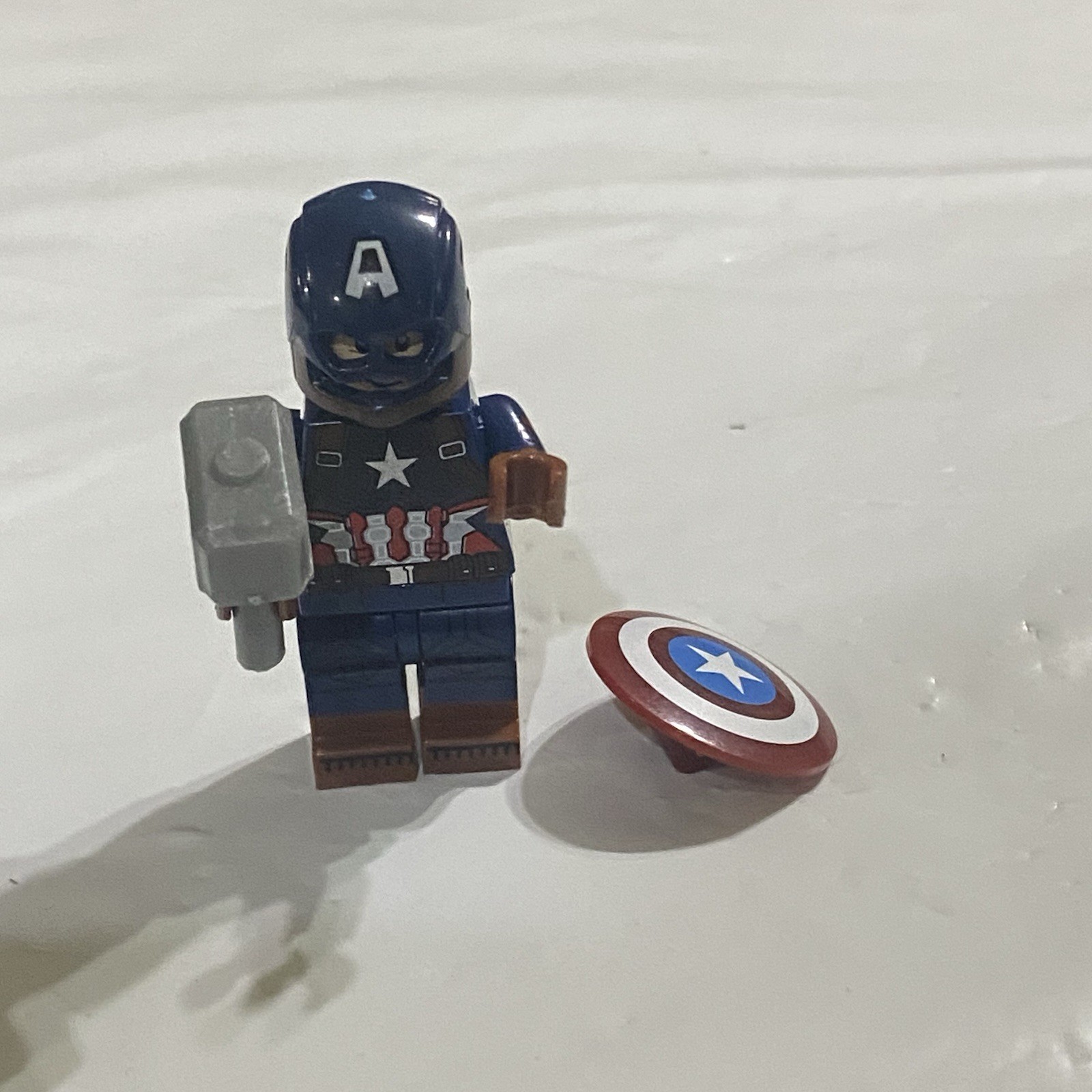 Marvel Captain America Lego Mini Fig with Thors Hammer Action Figure EUC READ