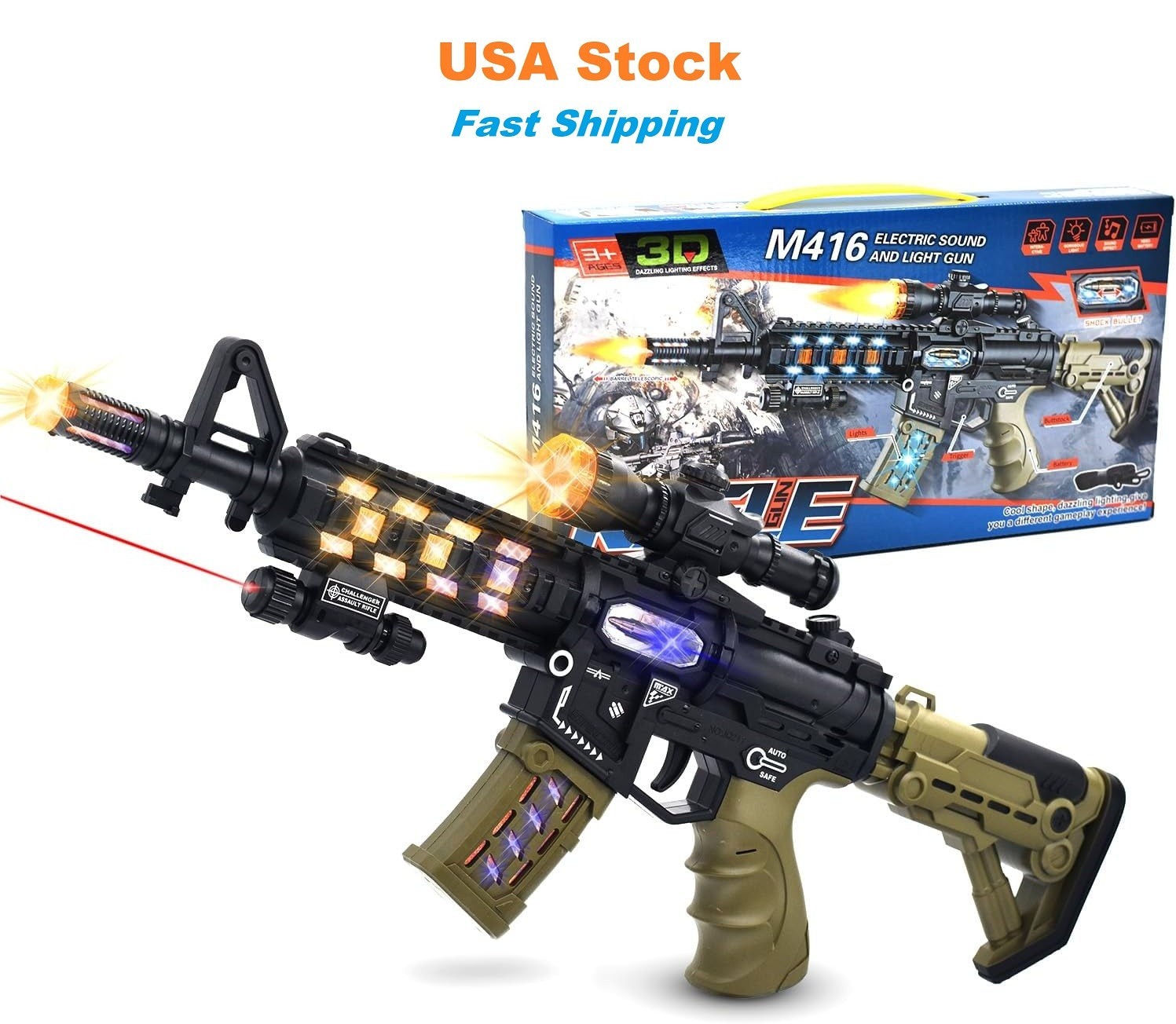 Light Up Combat Rifle Machine Gun Toy, Light/Sound/Vibration Batter Operated 19&Prime;