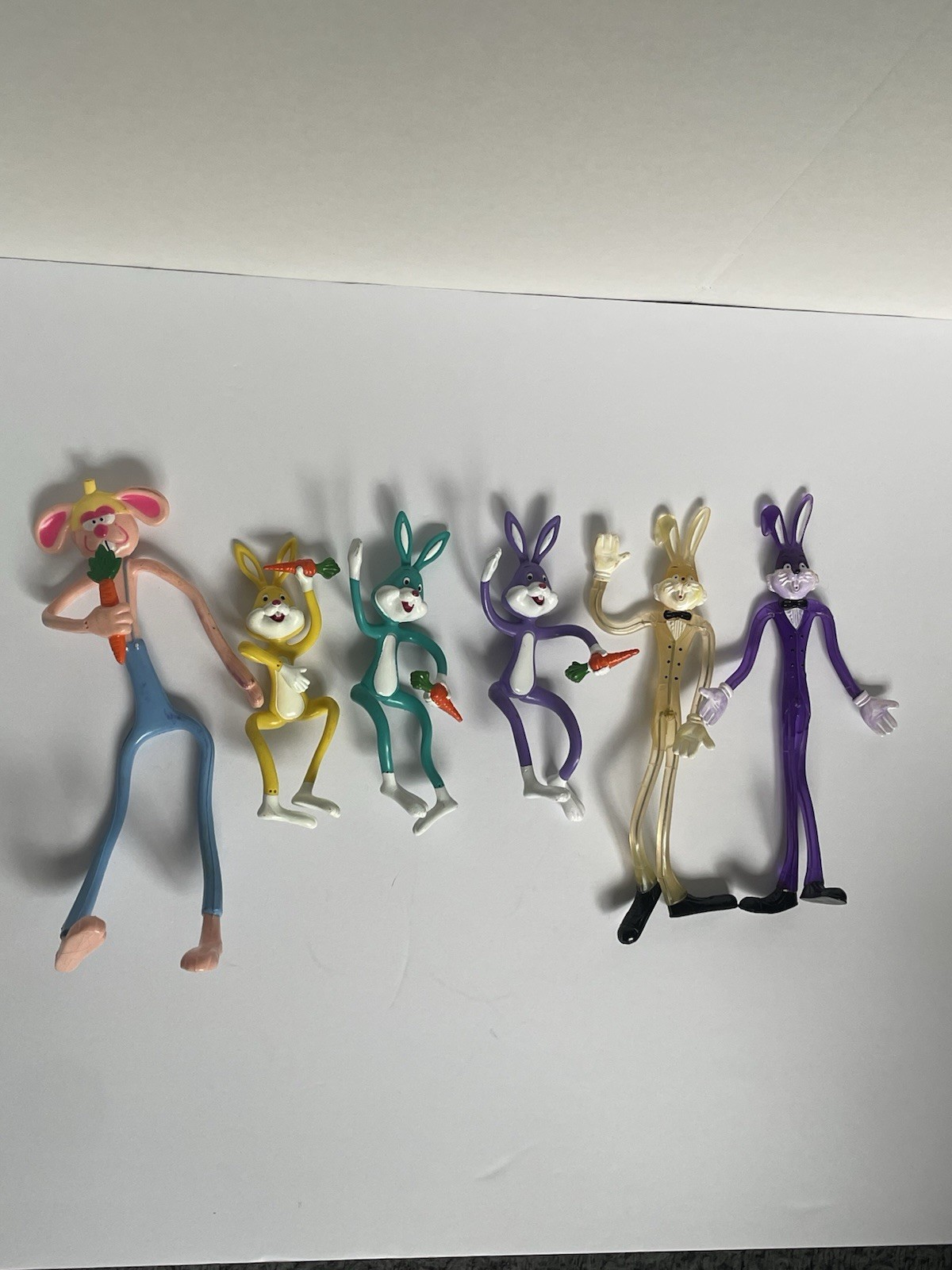 Vintage Lot of 6 Bendable Easter Bunny Figures Pink Yellow Purple Rabbit Holiday