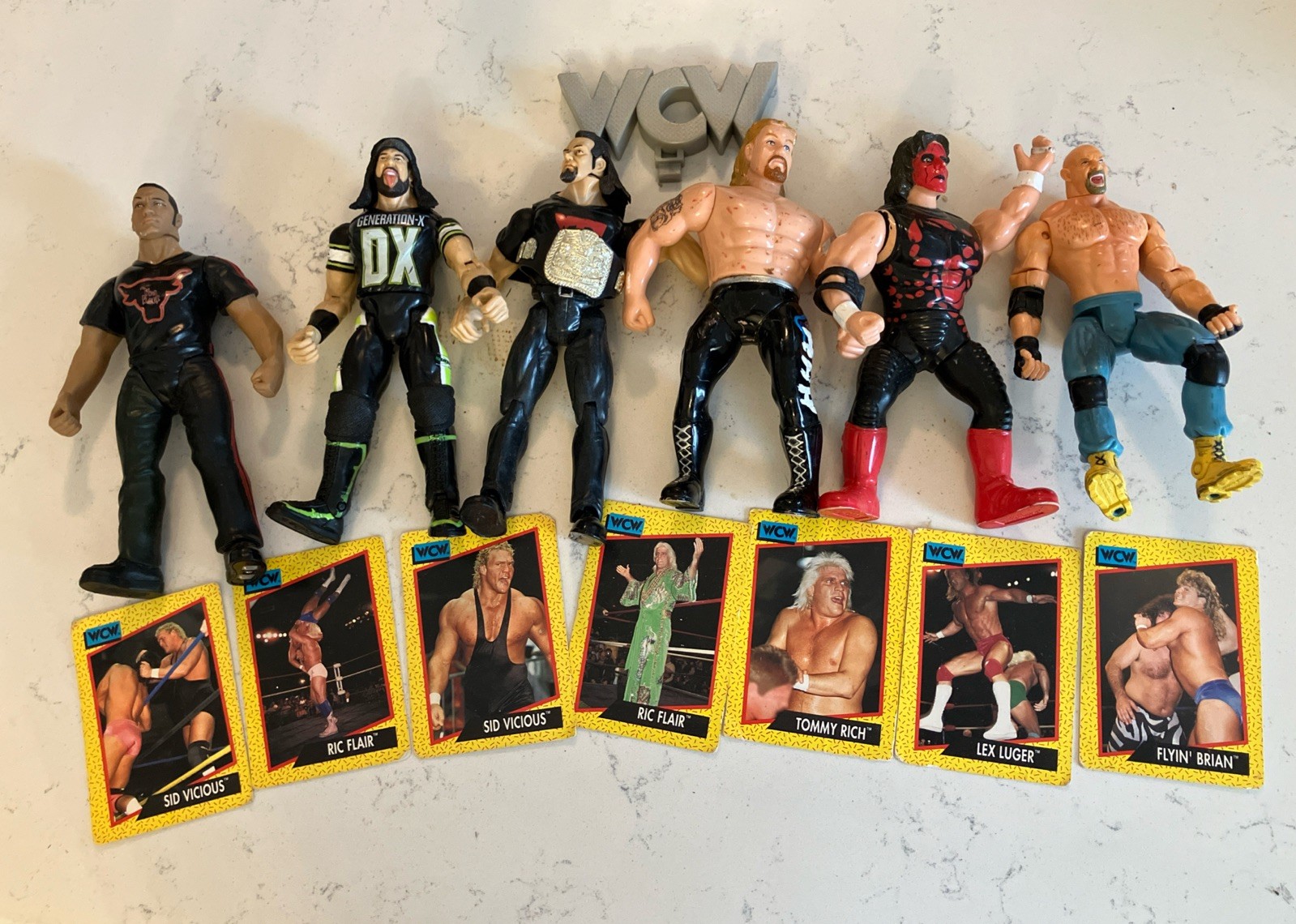 WWE Lot of 6 Action Figures Belt WCW Sign Trading Cards Marvel, Jakks, WCW Inc
