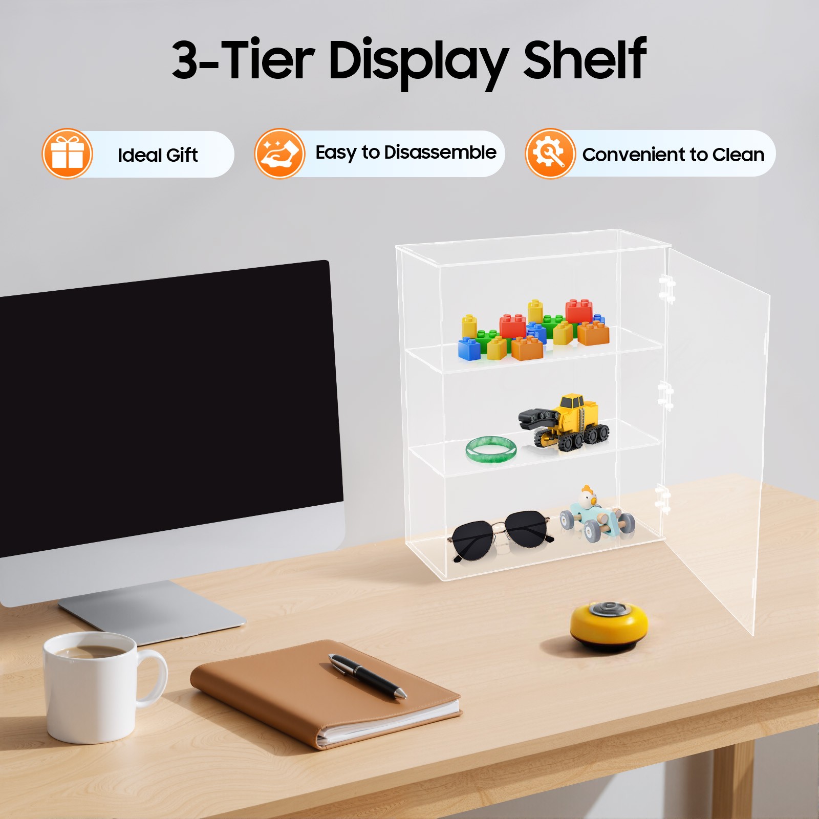 3-Tier Display Case Shelf Dustproof Clear Showcase Holder for Action Figures