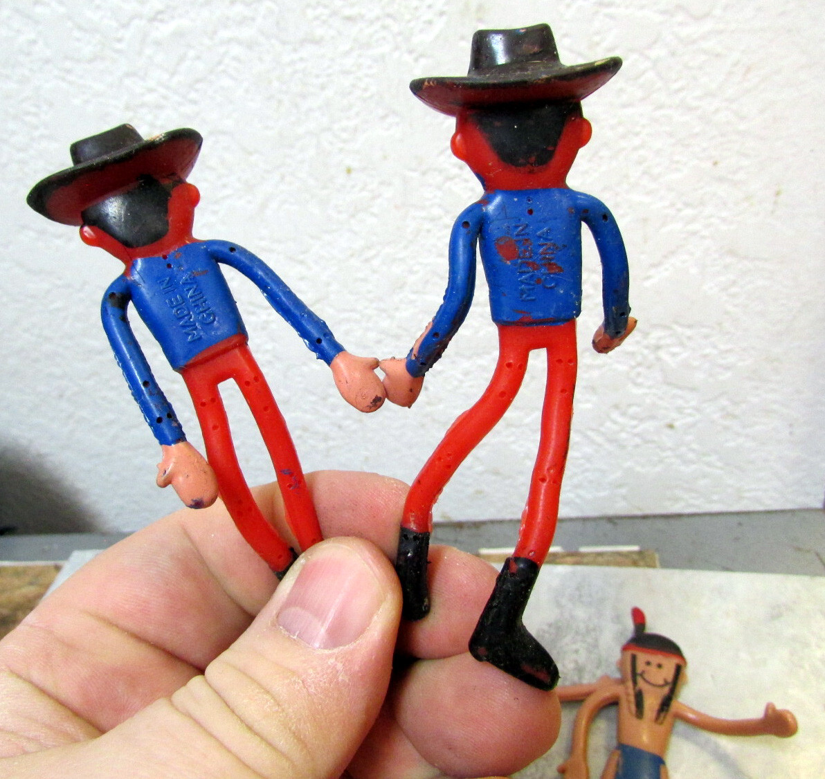 plastic bendable 4 inch figures, 2 Native Americans 2 Cowboys fun toys for kids