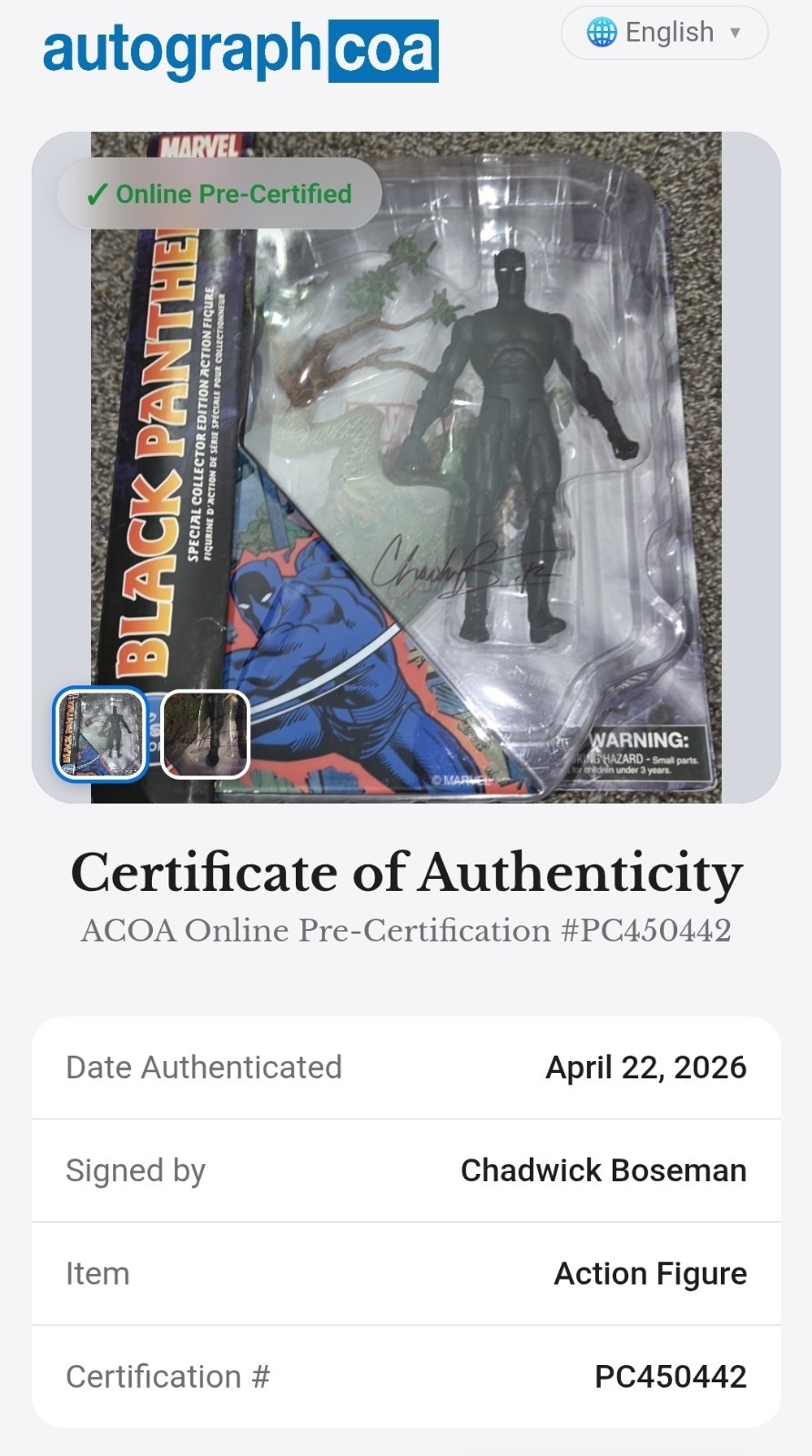 CHADWICK BOSEMAN – Marvel Select Black Panther figure signed autograph ACOA