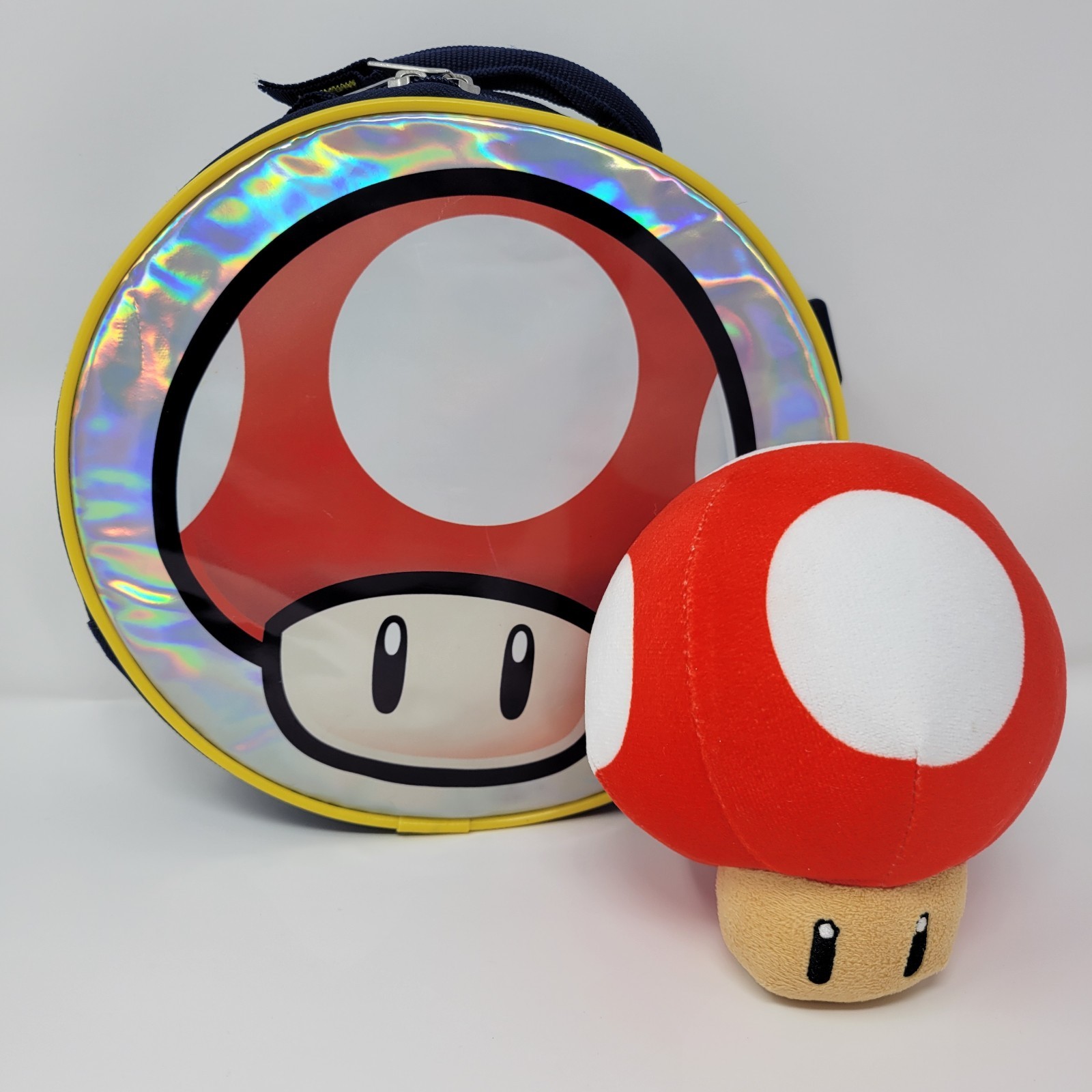 Super Mario 1 Up Mushroom Holographic Round Bag 10” + Plush Nintendo Set Bundle