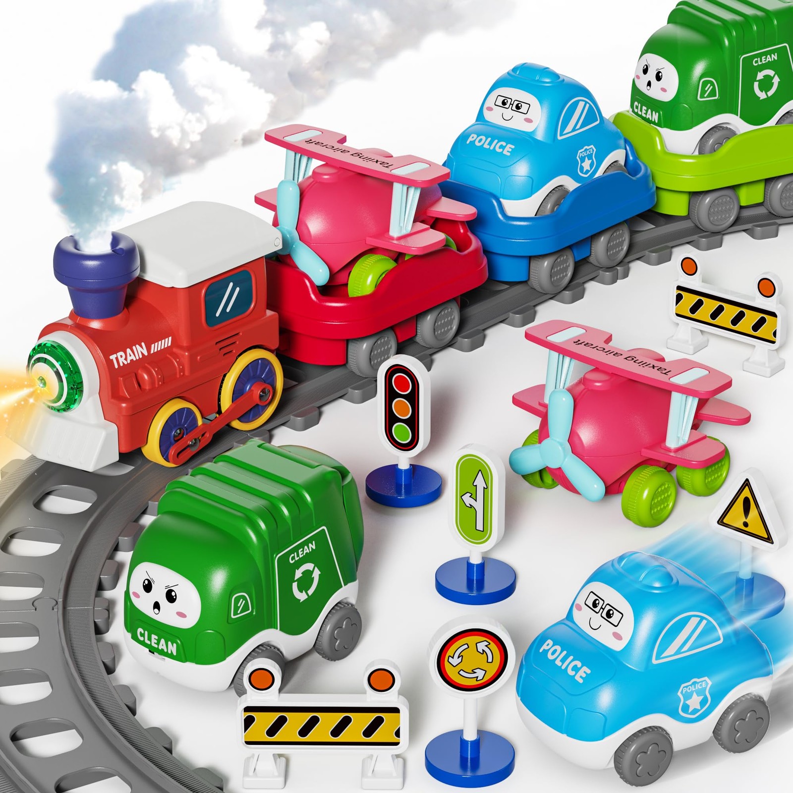 Train Set for Toddlers 2-4 with Steam, Music&Light, Train Set with 3 Car, 3 T…