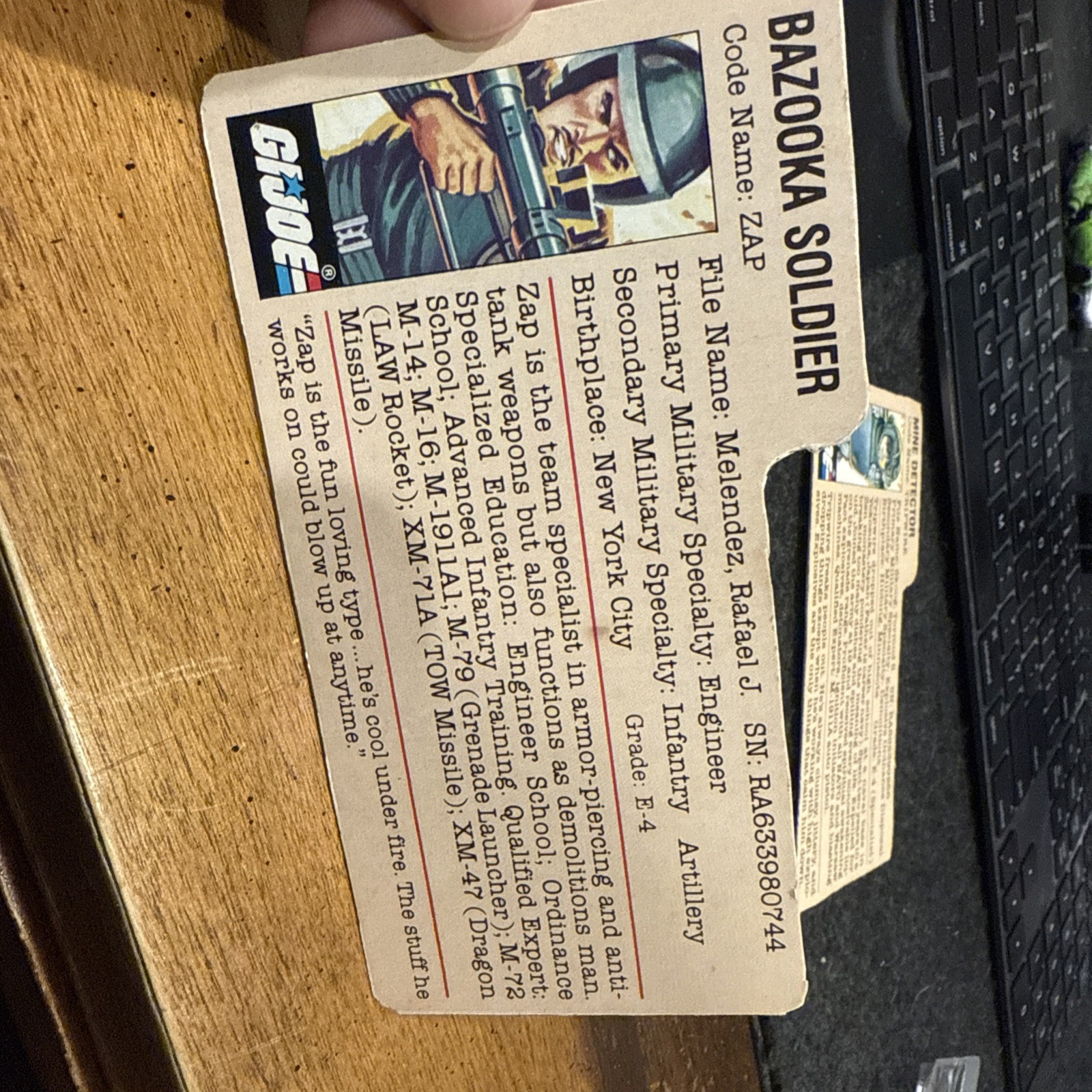 1983 GI Joe ZAP RED BACK MAIL AWAY FILE CARD CUT Redback Filecard