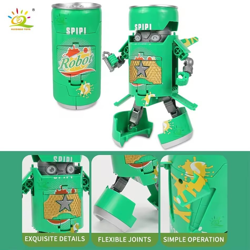 Green Soda Can Transforming Robot Mecha Action Figure Mini Pocket Toy With Box