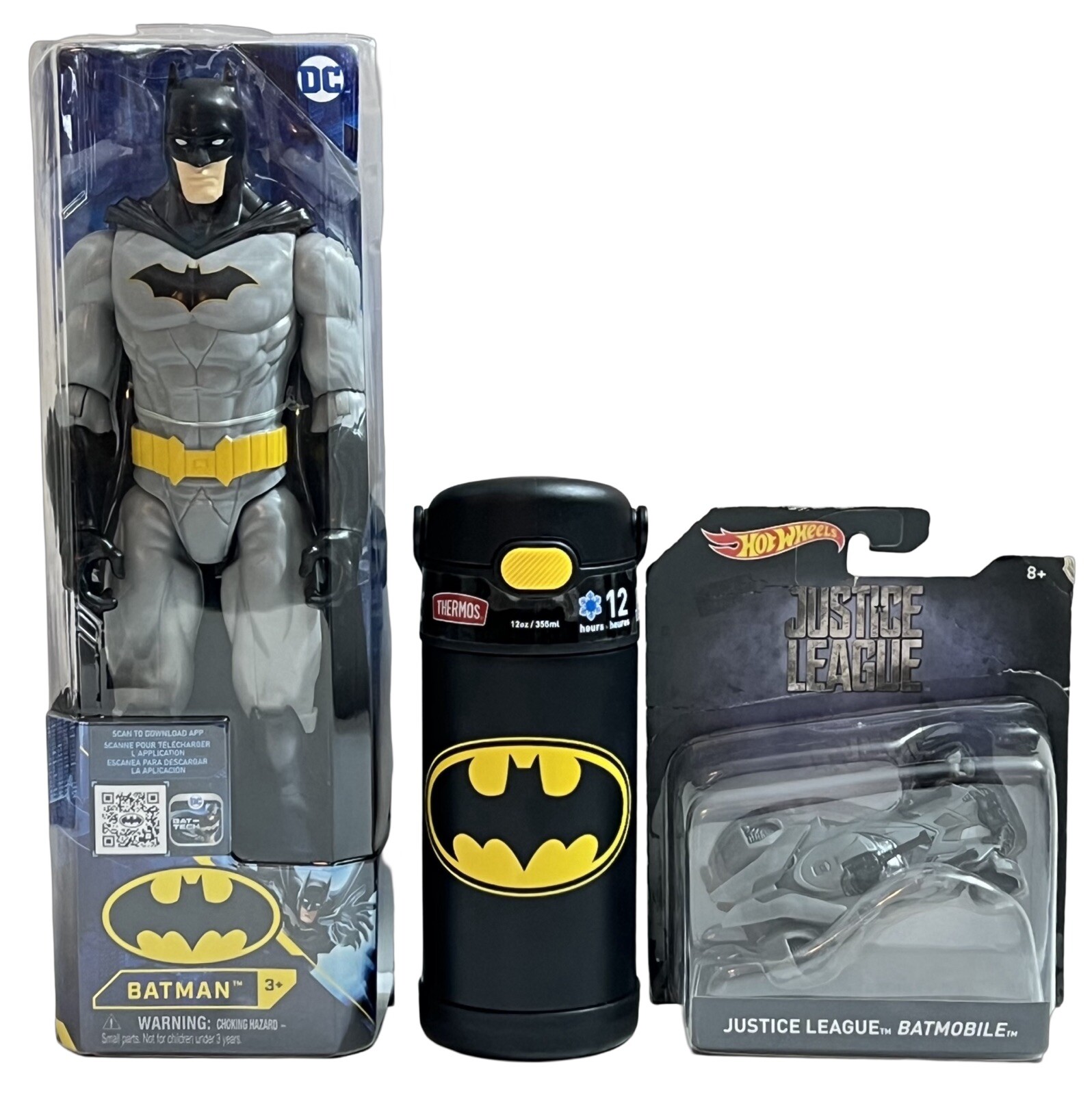 Batman Action Figure, Batmobile Toy & Thermos Batman Funtainer Water Bottle 12oz