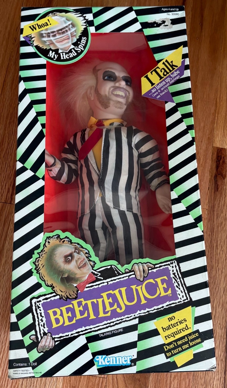 Vintage Kenner 1989 BeetleJuice 16&Prime; Doll Spinning Head Talking Pull String NIB