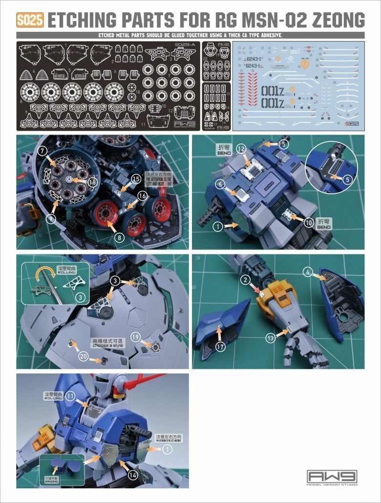 for RG 1/144 Zeong Last Shoot Effect AW9 Metal Detail Etch Part Sheet+Decal S025