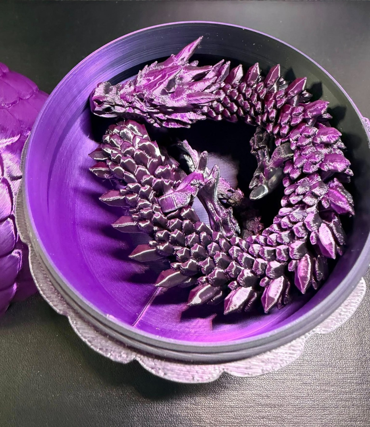 🐉🔥 3D Printed 15&Prime; Articulated Dragon With Egg 🌙 Black Purple Silk PLA