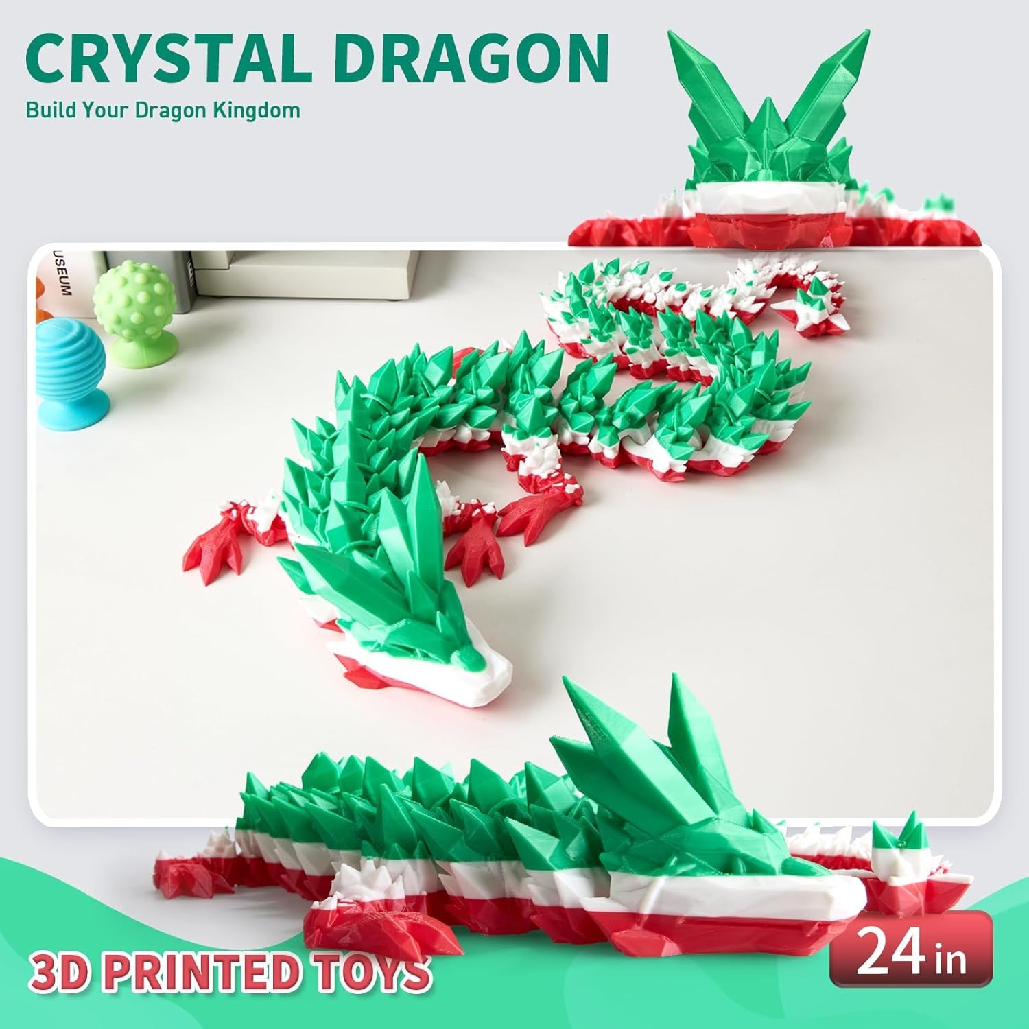 3d printed crystal dragon 24-inches, red green white