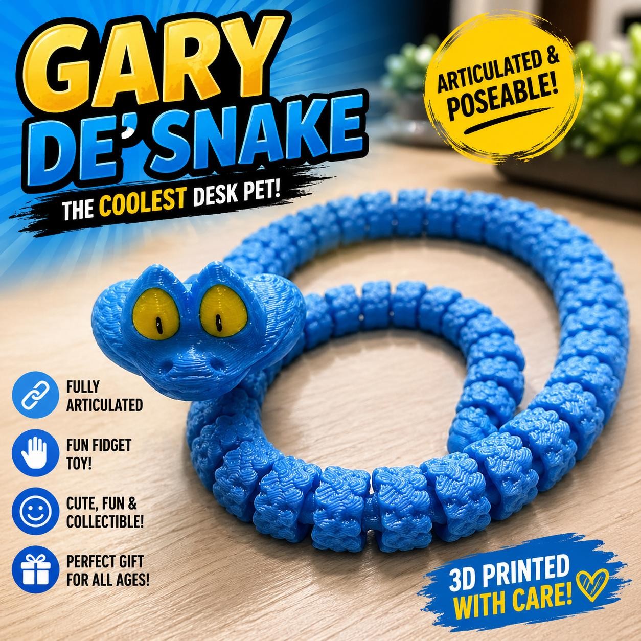 Gary De&rsquo;Snake 3D Printed Articulated Flexi Snake Fidget Desk Pet Toy Gift Blue