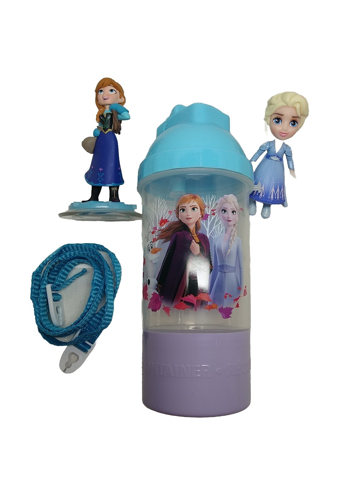 Disney Frozen Elsa And Ana Figures/New Drink Bottle 11oz/ Snack Cup & Strap