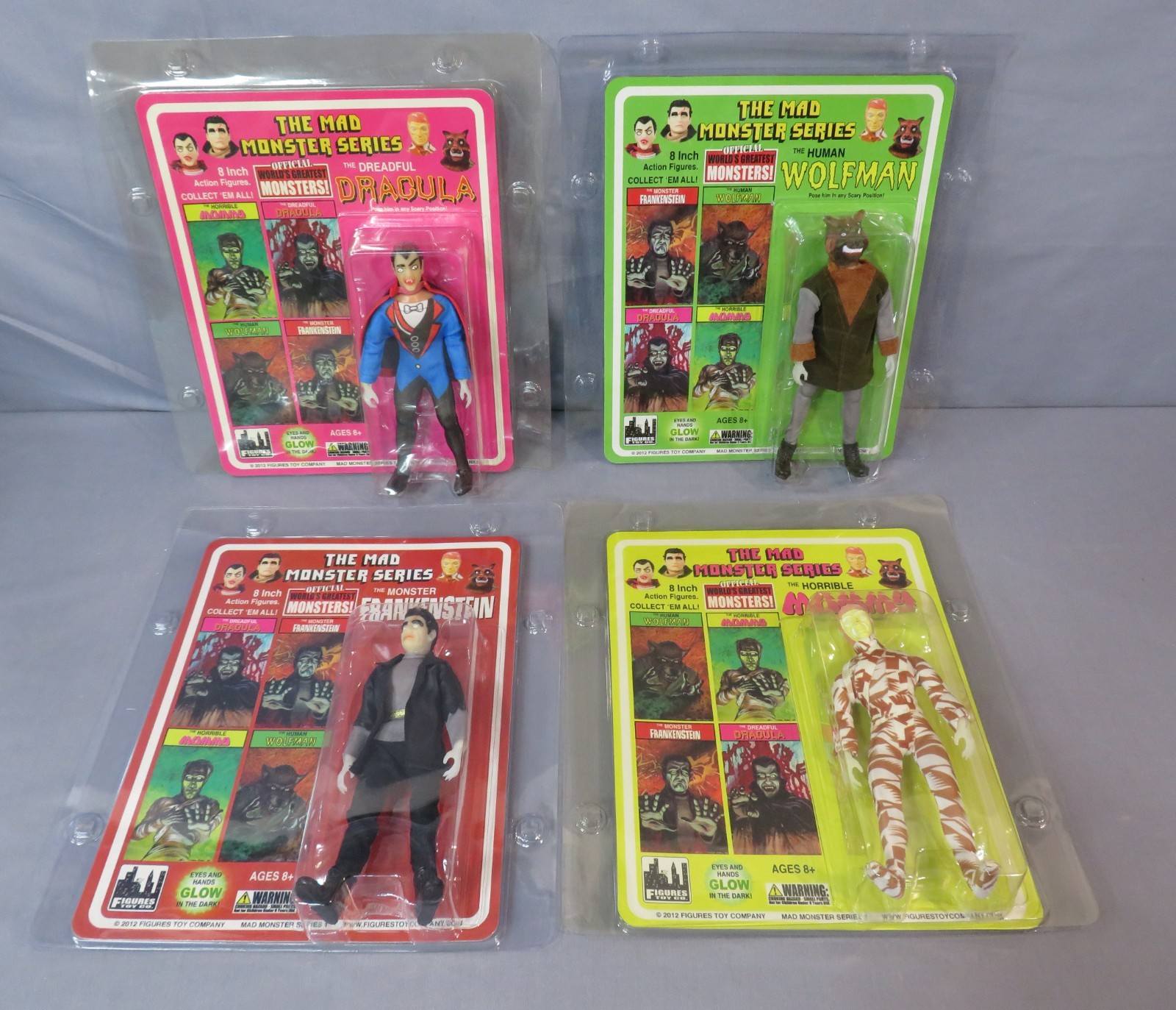 MAD MONSTER Series 1 8in Mego style Wolfman, Dracula, Mummy, Frankenstein NEW