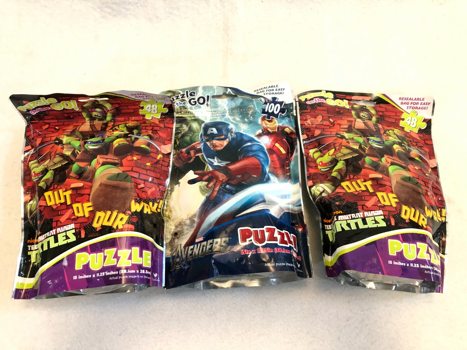 Puzzle on the Go 48 Pieces in a Resealable Bag LOT Qty 3 Captain America, TMNT